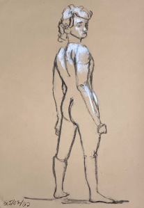 Fifteen minute figure study. charcoal highlighted with pastel chalk on sketching paper. 35 x 50 cm.