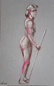 Fifteen minute pose.Conté crayon highlighted with pastel on Canson paper. 30 x 50 cm.