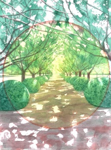 Arched garden walkway De Lovie. Watercolour on hot pressed paper. Alizarine Crimson and Forest Green. 9" x 12' or 23 x 30 cm.